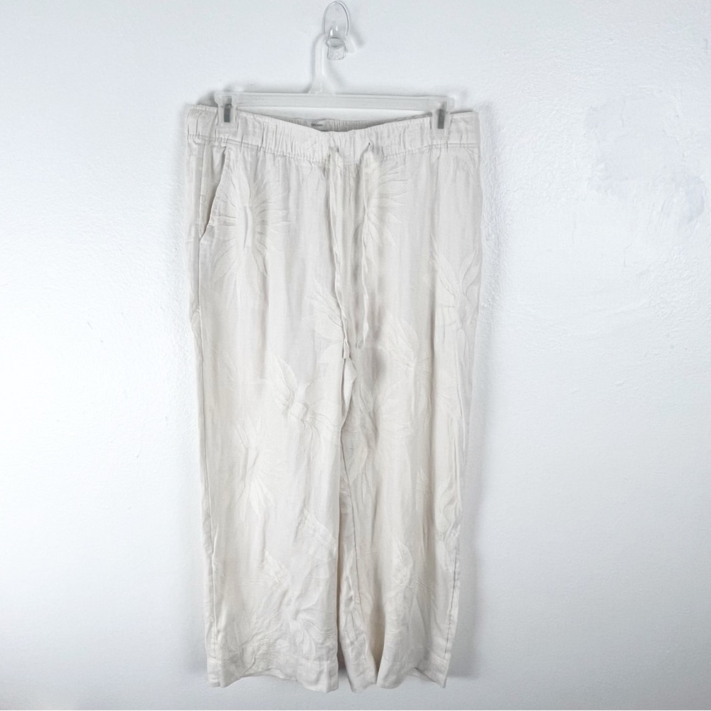 JOIE 100% Linen Off White Floral Embroidered Drawstring Waist Pockets Pants XL